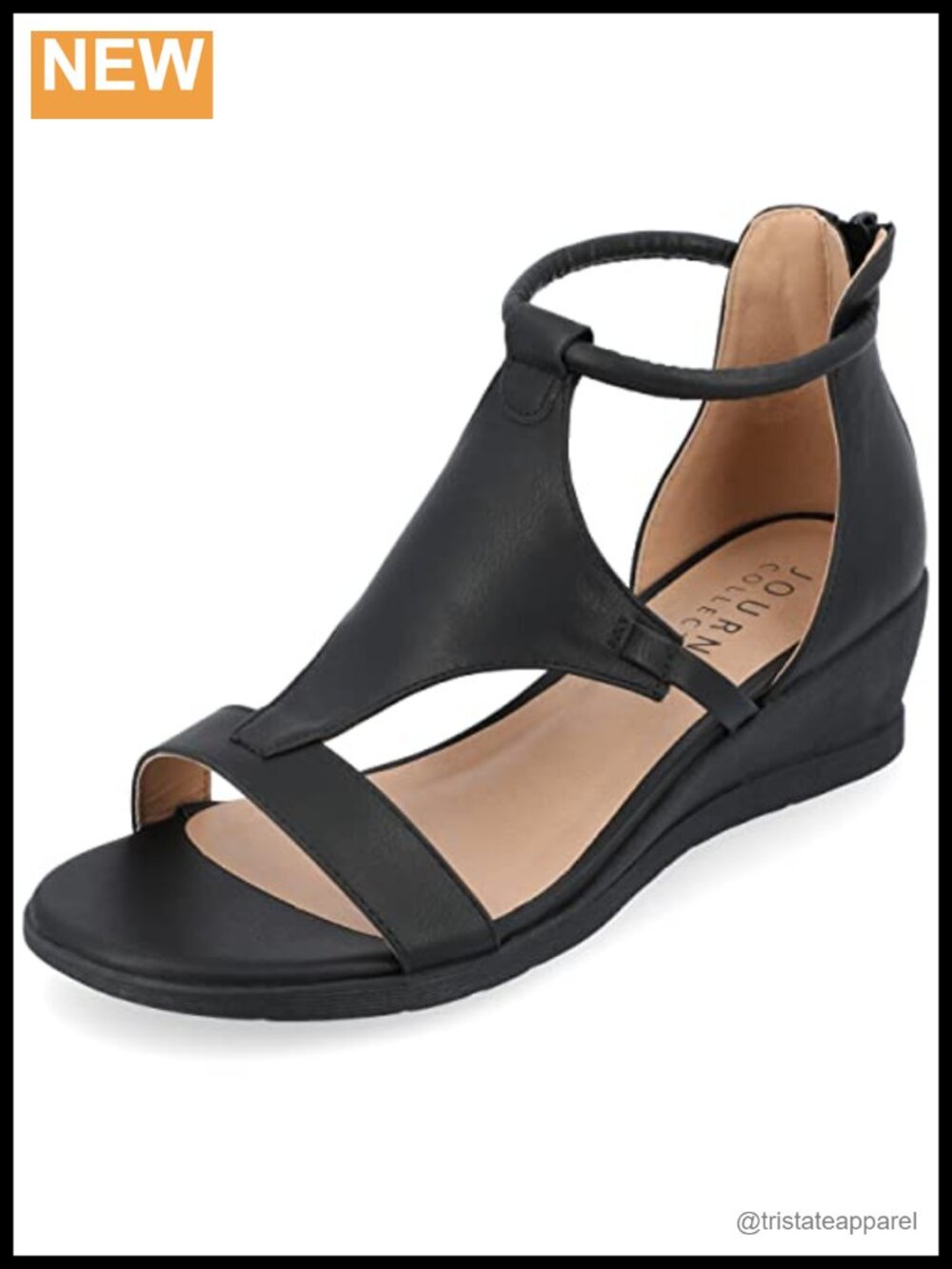 Vegan Leather T-Strap Wedge Sandals Back Zip Open Toe